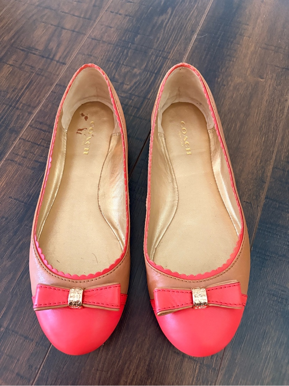 Coach Colorblock Leather Ballet Flats Coral Pink & Tan Bow Shoes Size 36 - Picture 2 of 15
